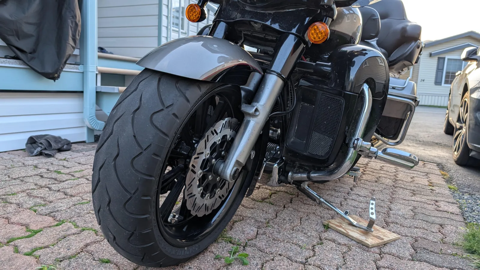 Harley-Davidson bagger with a Havoc fat front tire conversion and wide front wheel