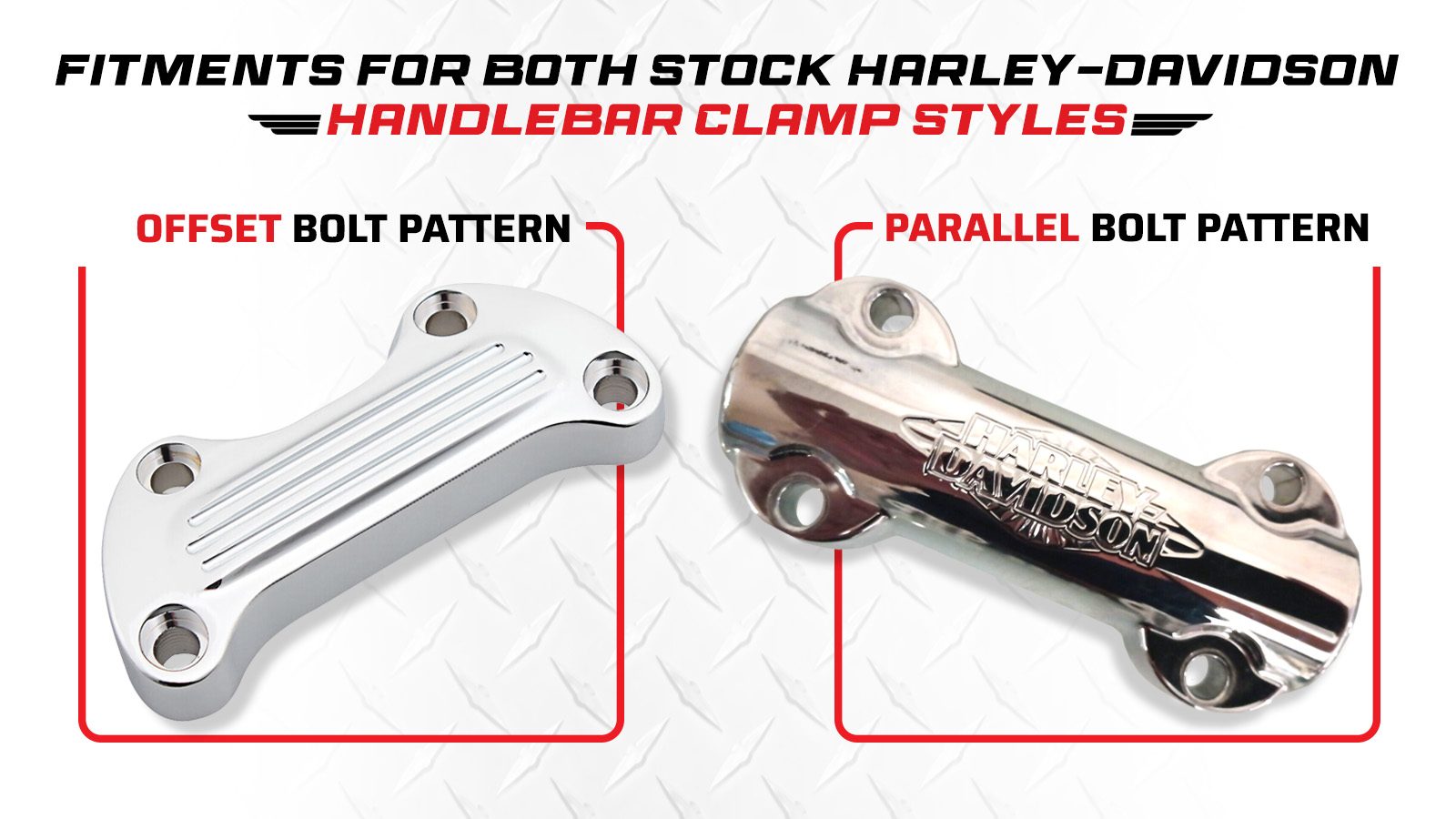 Comparison of offset and parallel bolt pattern handlebar clamp styles for Harley-Davidson Softail models