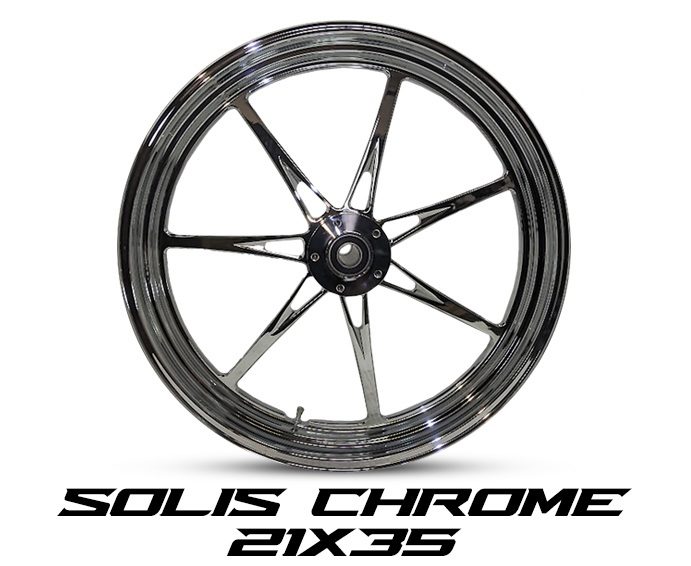 Close-up of Havoc Solis chrome 21-inch dual-disc wheel