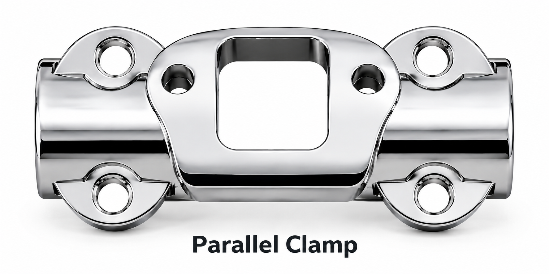 Polished riser top clamp with four bolts in a side-by-side parallel pattern
