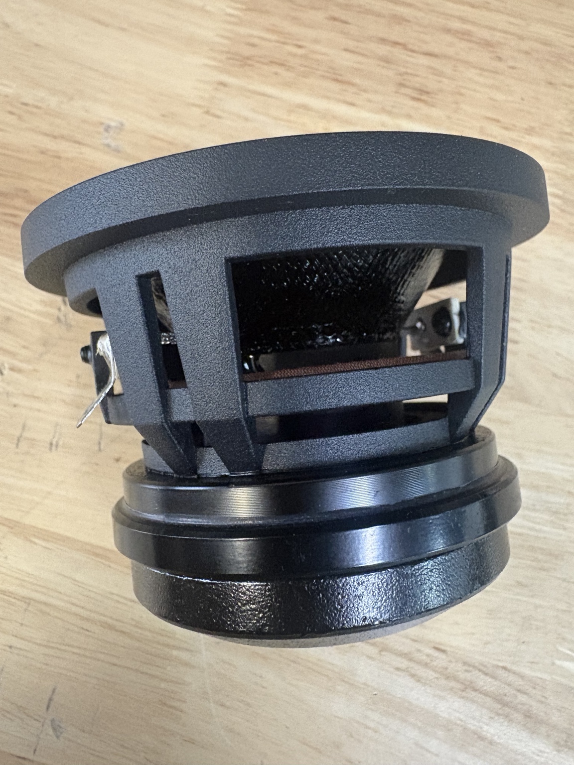 Rear view of the custom Aquatic AV 3.5-inch driver showing the cast-aluminum basket and magnet