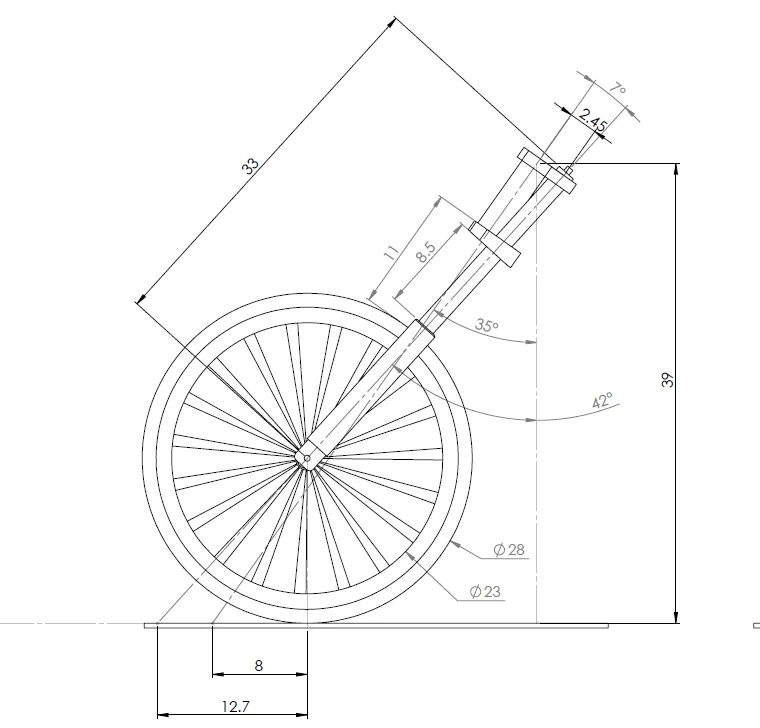 Raked trees at work: a 23-inch front (28-inch overall diameter) on a 35° neck. With the forks parallel to the neck, trail would be 12.7 inches. Seven degrees of tree rake moves the axle forward and brings trail back to 8 inches.
