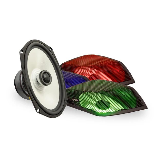 Aquatic AV HS.113 RGB speaker showing multiple color mode options for highway bar and saddlebag lids