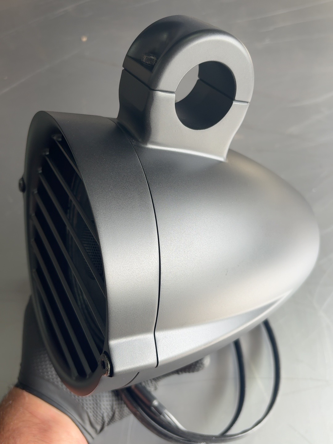 Havoc integrated billet speaker pod photographed at the same scale and angle as the universal bracket