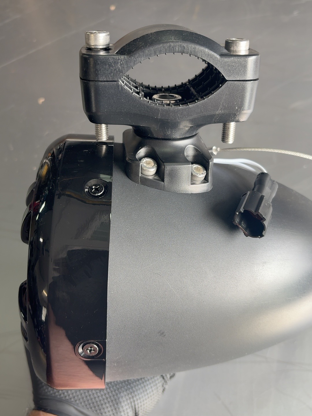 Generic universal motorcycle speaker bracket with mounting foot, hinged collar and exposed hardware