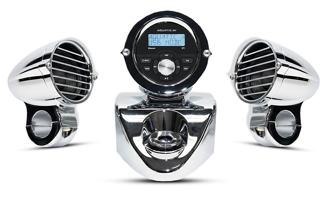 Complete Havoc Roar Stereo chrome kit with Aquatic AV GP1 head unit and two billet speaker pods