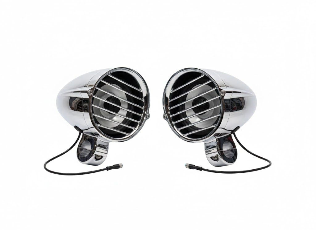 Pair of Havoc 6.5-inch CNC-machined billet aluminum highway bar speaker pods in chrome finish