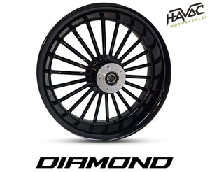 Havoc Motorcycles complete 18 x 5.5 fat tire kits for Harley Davidson bagger Street Glide, Road Glide, Road King, and Electra Glide. Complete with fat tire wheel, 180/55-18 fat front tire, fat front fender, and floating brake rotors.