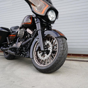 Havoc Motorcycles complete 18 x 5.5 fat tire kits for Harley Davidson bagger Street Glide, Road Glide, Road King, and Electra Glide. Complete with fat tire wheel, 180/55-18 fat front tire, fat front fender, and floating brake rotors.