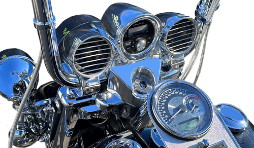 Havoc 3.5 inch handlebar speakers built by Aquatic AV for Harley-Davidson Road King