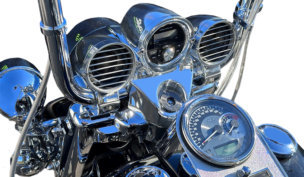 Havoc 3.5 inch handlebar speakers built by Aquatic AV for Harley-Davidson Road King